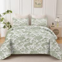 WONGS BEDDING Botanical Quilt Set Queen Size, Sage Green 3 Pieces Toile Floral Plants Printed Bedspread Bedding Set Soft Lightweight Microfiber Coverlet Set for All Season (96"x90") - Image 2