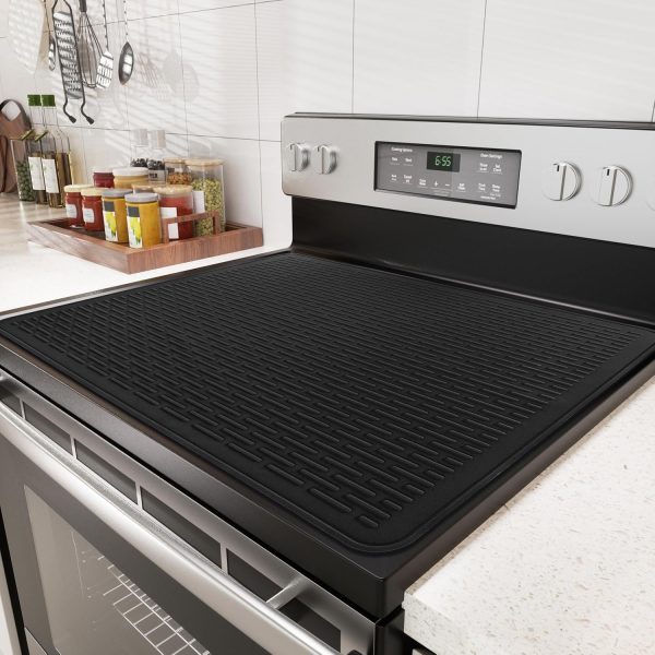 Stove Top Cover for Electric Stove - Food Grade Ceramic Stove top Cover, Silicone XXL Dish Drying Mat, Glass Cooktop Covers, Flat RV Range top Mats (Black,30x21)