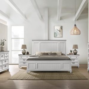 Roundhill Furniture Clelane Wood Bedroom Set with Shiplap Panel King Bed, Dresser, Mirror, Two Nightstands, and Chest in Weathered White and Dark Gray