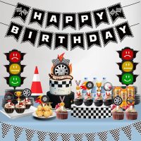 Race Car Birthday Party Decorations，Cars Birthday Decorations Includes Black White Banner,Checkered Flag Banner,Hanging Swirls,Race Car Cake & Cupcake Toppers，Race Car Themed Party Supplies for Boys - Image 4