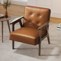 Casaottima PU Leather Accent Chair Mid Century Comfy Cozy Chair with Solid Wood Legs,Modern Arm Reading Chair with Button Tufted Back for Living Room Bedroom (Dark Brown) - Image 4