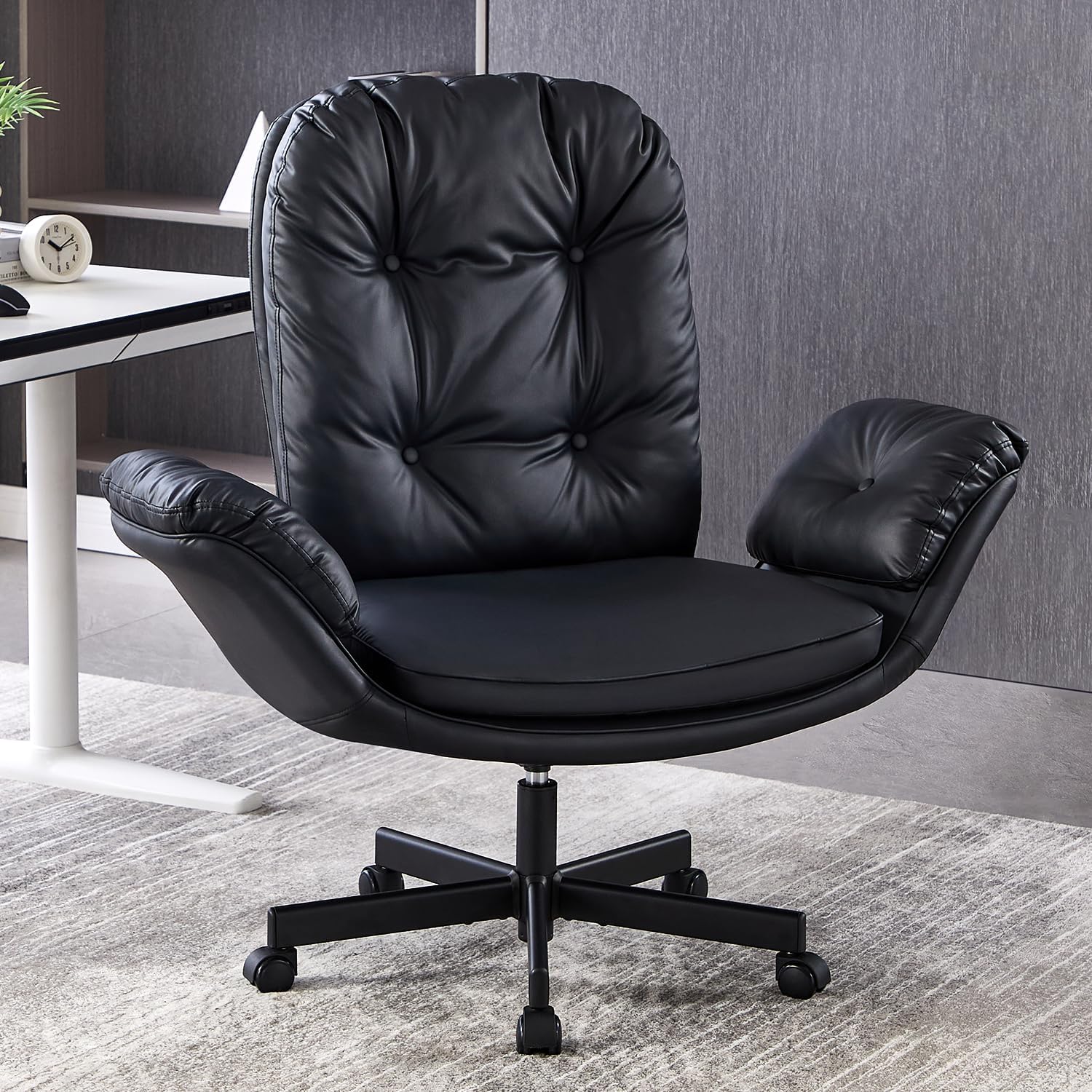 Criss Cross Chair with Armrests & Wheels for Cross-Legged Sitting ，Comfortable Adjustable Swivel Office Desk Chair –PU Leather Vanity Chair for Home, Makeup and Bedroom (Black)