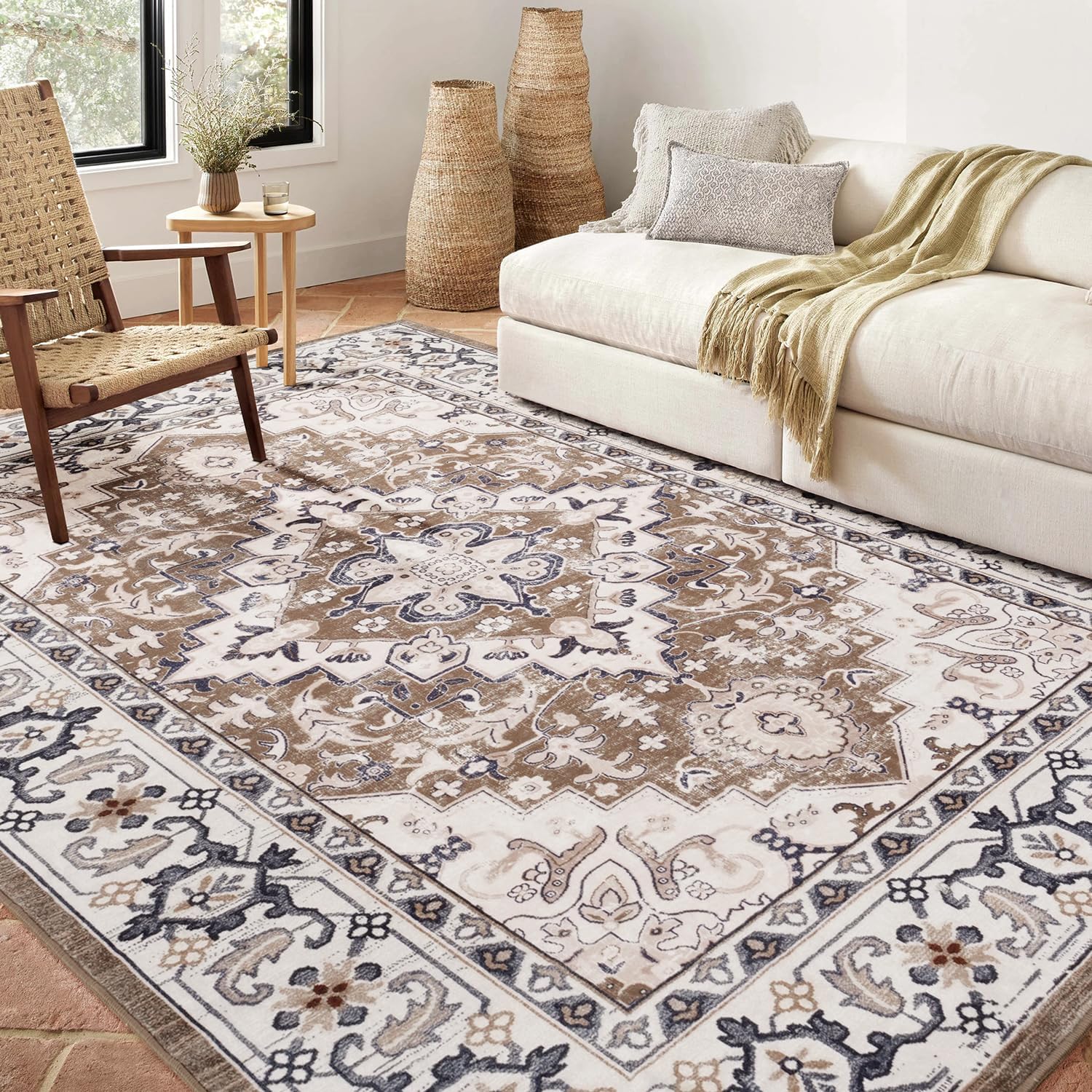 Lofus 5×7 Area Rugs for Living Room, Washable Area Rug, Rugs for Bedroom, Kitchen, Vintage Boho Carpet, Soft Non-Slip, Low Pile Large Area Rug for Office Dining Room, Floral Brown
