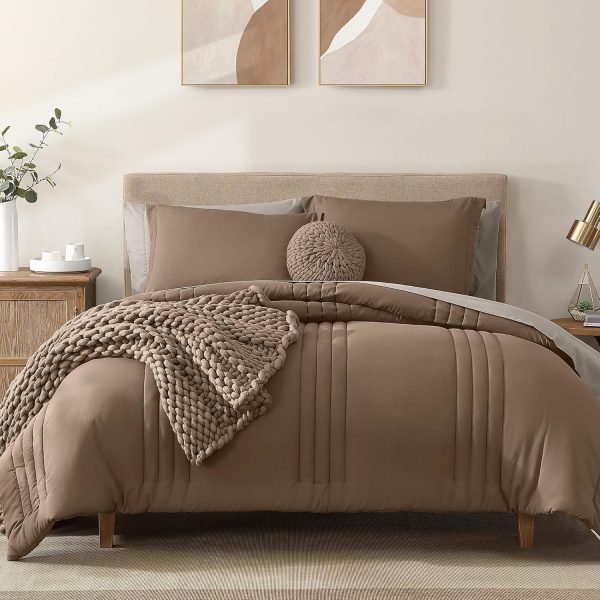 Monbix Queen Comforter Set - 7 Pieces Raw Umber Bed in a Bag Queen Bedding Sets with Comforters, All Seasons Down Alternative Comforter Bed Set with Sheets,Pillowcases & Shams
