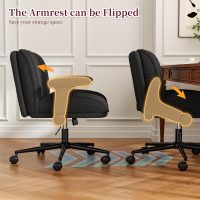 Cross Legged Office Chair with Flip-Up Arms, Wide Criss Cross Chair with Wheels & Extra-Deep Seat Thickened for Home Office,Vanity, Bedroom,Apartment Dorms,Plush Cushion,Cute,Comfy,Black - Image 7