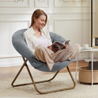 DUMOS Comfy Saucer Chairs Cozy Faux Fur Soft Lounge Cute Folding Bedroom Living Room Seat Flexible Reading Foldable Seating for Kids Adults Thick Padded Metal Frame Modern for Home Office Classic Gray - Image 2