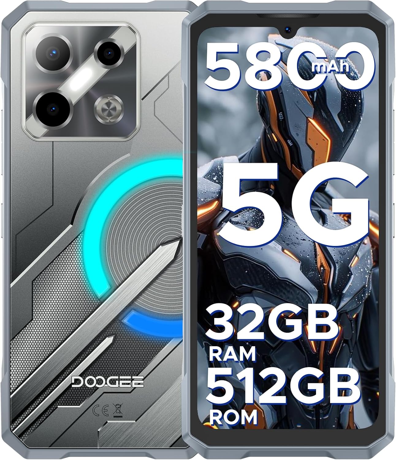DOODEE Blade GT Pro 5G Rugged Phone with LED Light Effect,32GB+512GB/2TB Rugged Smartphone,6.72” FHD+120Hz, 5800 mAh Android Phone,100MP+32MP AI Camera/Face& Finger ID/NFC,Sliver