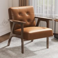 Casaottima PU Leather Accent Chair Mid Century Comfy Cozy Chair with Solid Wood Legs,Modern Arm Reading Chair with Button Tufted Back for Living Room Bedroom (Dark Brown) - Image 3