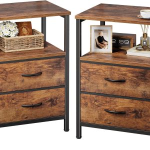 Huuger Night Stand Set of 2, Nightstand with 2 Drawers, Bed Side Table with Open Shelf, Wooden Top, End Table, Fabric Drawer, for Bedroom, Rustic Brown