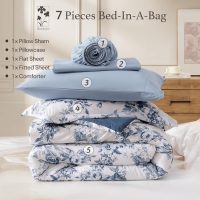 Queen Comforter Set -7 Pieces Floral Blue Comforter Set for All Seasons, Bed in a Bag Queen with Botanical Flowers Comforter, Sheets, Pillowcases & Shams - Image 8
