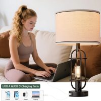 Black Table Lamps for Living Room Set of 2, 22.3" Farmhouse Lamps for Nightstand, Industrial Table Lamps for Bedroom with USB Ports, Bulbs Included - Image 2