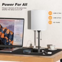 Small Bedside Table lamp for Bedroom - 3 Color Temperatures Bedside Lamps with USB C and A Ports, Pull Chain Table Lamps with AC Outlet, White Nightstand Lamps with Black Metal Base for Kids Reading - Image 3