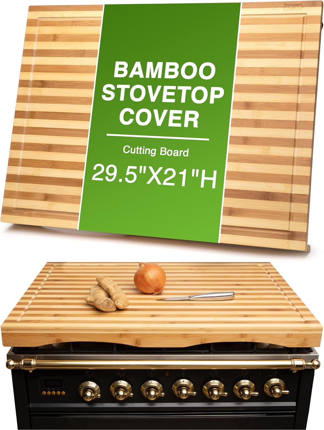 Prosumer’s Choice Stovetop Cover Bamboo Cutting Board | Premium, Sustainable, Expands Kitchen Space, Easy to Clean – with Adjustable Legs and Juice Grooves – Large – 29.5″L x 3.5″W x 21″H