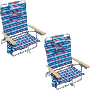 Tommy Bahama 2-Pack 5-Position Classic Lay Flat Backpack Beach Chair with Cooler and Cup Holder, Portable Folding Beach Chair for Tanning, Red/White/Blue