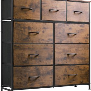 WLIVE 9-Drawer Dresser, Fabric Storage Tower for Bedroom, Hallway, Entryway, Closet, Tall Chest Organizer Unit with Fabric Bins, Steel Frame, Wood Top, Easy Pull Handle, Rustic Brown Wood Grain Print