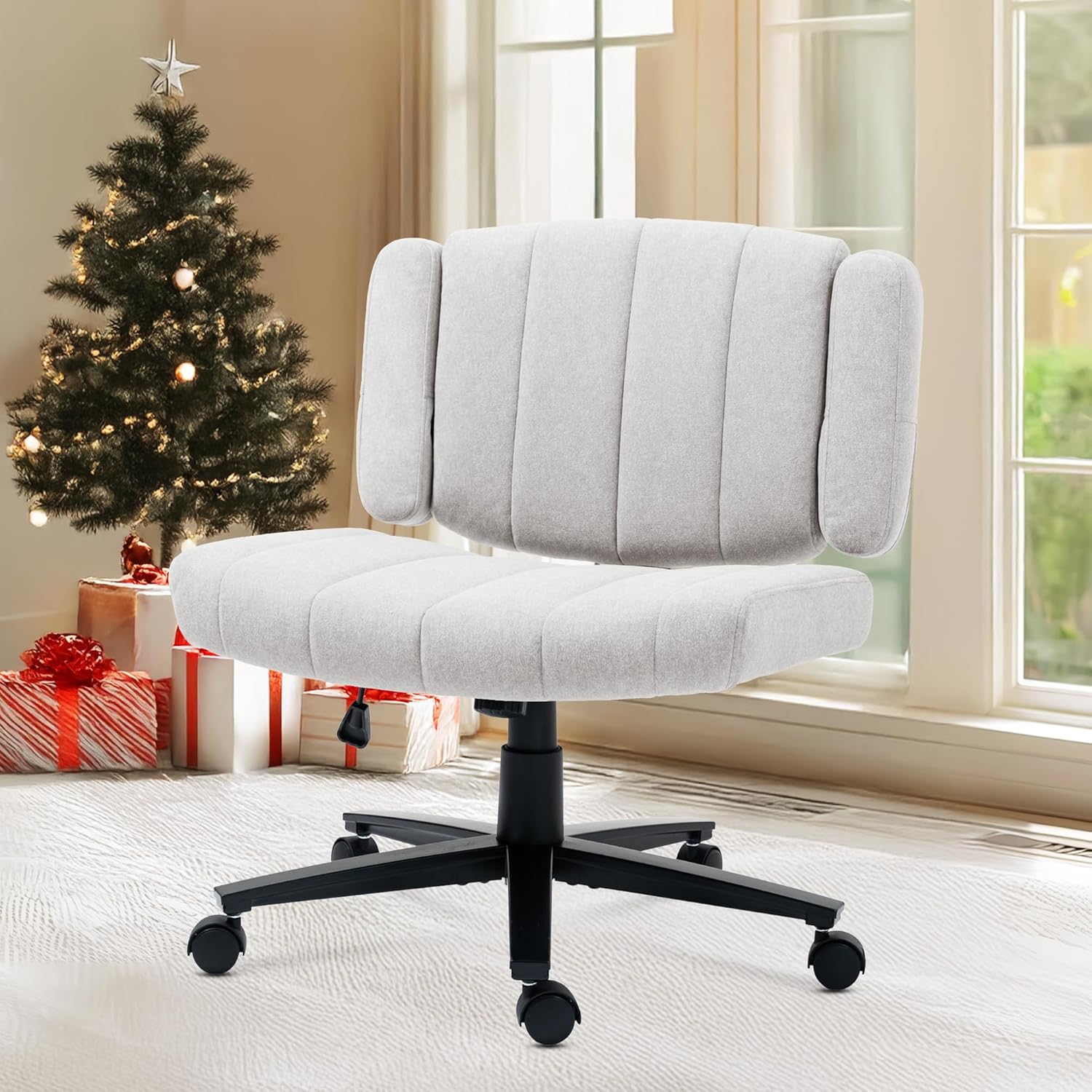 Criss Cross Chair with Wheels, High Back Adjustable Wide Armrest Office Chair, Anti-Grip Fabric Comfort Cushion Modern Style Swivel Computer Task Chairs for Home Vanity Desk Office (Grey)