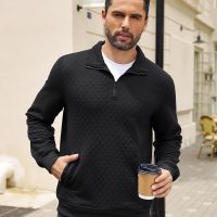 COOFANDY Mens Quarter Zip Pullover Quilted Sweatshirt Knit Long Sleeve Mock Neck Sweater Polo with Pocket - Image 2