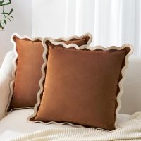 MONDAY MOOSE Decorative Throw Pillow Covers Cushion Cases, Set of 2 Soft Velvet Scalloped Wavy Edge Designs, Mix and Match for Home Decor, Pillow Inserts Not Included (Beige/Brown, 18x18 inch) - Image 7