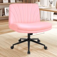 NEO CHAIR Criss Cross Chair with Wheels Armless Cross Legged Office Desk Wide Comfy Vanity Makeup Chair Adjustable Swivel Rolling Computer for Home Office PU Leather (Pink) - Image 8