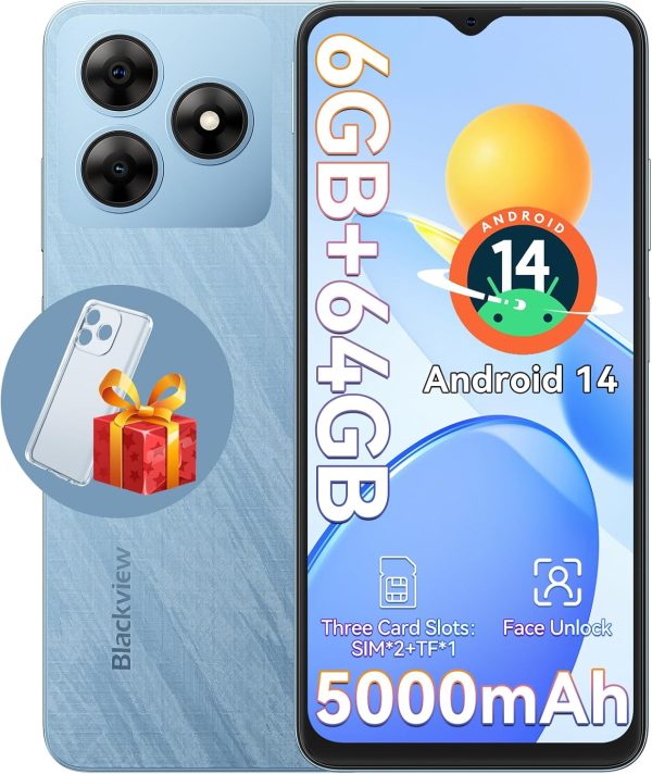 Blackview Wave 8C Unlocked Cell Phone, Android 14 Unlocked Phones, 5000mAh Smartphone, Octa-Core 6GB+64GB/SD 2TB Expand, 6.56"HD, 2 Years Warranty, 3 Card Slots, 3.5mm Headphone Jack, 4G Dual T-Mobile