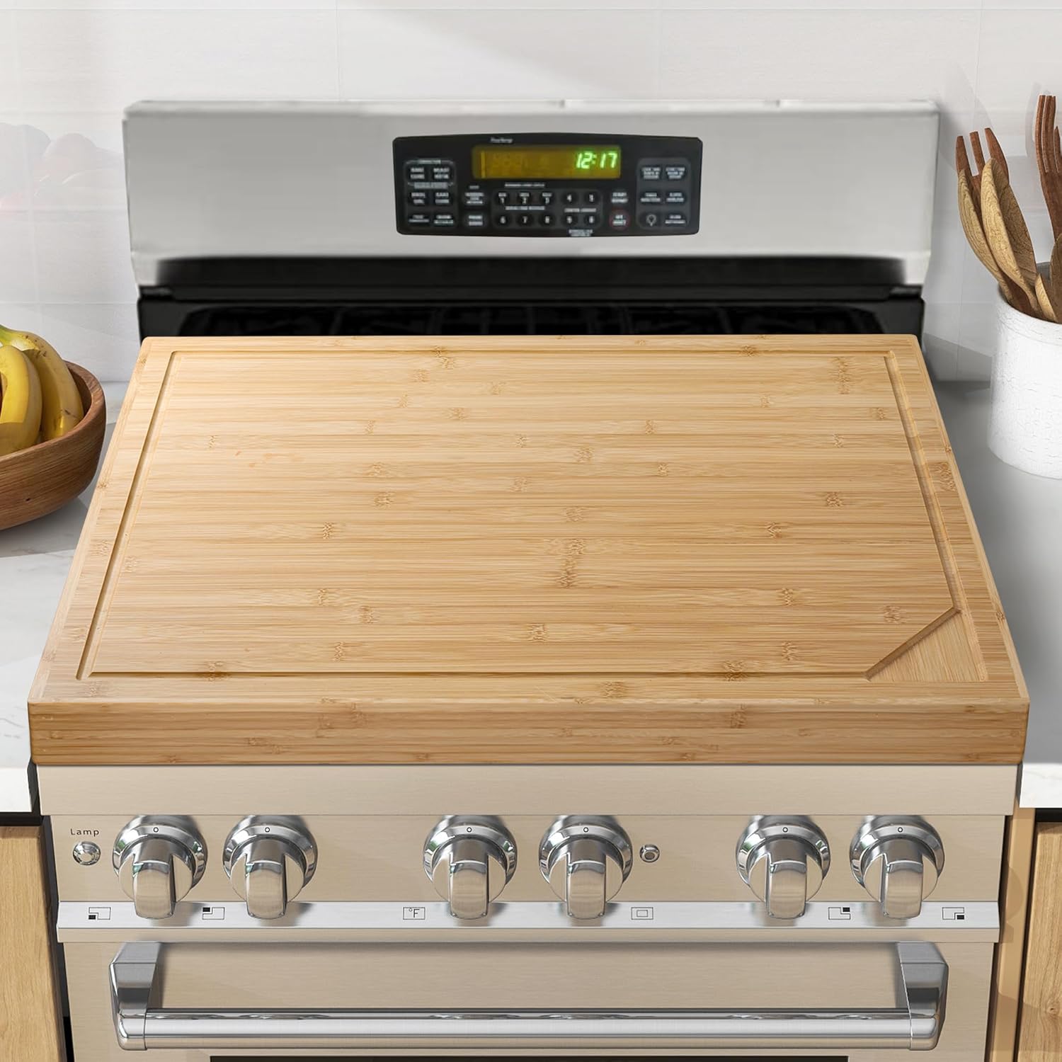 Fun Memories Noodle Board Stove Cover – Bamboo Wood Top Covers for Electric and Gas Sink RV 30 inL x 22 inW x 2.5 inTh Raised Cutting with Legs Juice Grooves