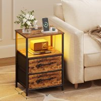 Nightstands Set of 2, Night Stand with Charging Station and Led Lights, Bedside Table with 2 Fabric Drawers for Bedroom, Small Side End Table with Open Shelf, Rustic Brown - Image 6