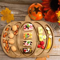 Sliner Fall Harvest Large Pumpkin Wooden Serving Platter 15x12 in Rustic Pumpkin Snack Fruit Meat Cheese Board Charcuterie Board Sectional Dish Plate for Thanksgiving(Walnut Color,Pine) - Image 4
