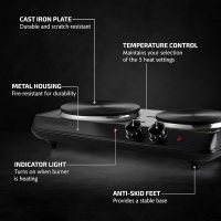 OVENTE Electric Countertop Double Burner, 1700W Cooktop with 7.25" and 6.10" Cast Iron Hot Plates, Temperature Control, Portable Cooking Stove and Easy to Clean Stainless Steel Base, Black BGS102B - Image 2