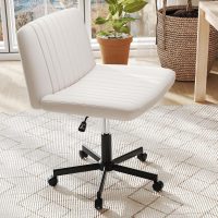 Giantex Criss Cross Chair with Wheels, Armless Cross Legged Office Chair, Fabric Adjustable Swivel Ergonomic Desk Seat, Modern Wide Makeup Task Vanity Chair for Home, Beige - Image 2