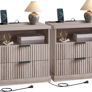 VASAGLE MAXE Collection - Set of 2 Nightstands with Charging Station, Bedside Table, Side End Table with 2 Drawers, Open Shelf, 2 AC Outlets, 2 USB Ports, Transitional, Bedroom, Washed Gray ULET926G01