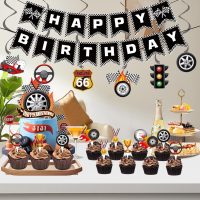 Race Car Birthday Party Decorations，Cars Birthday Decorations Includes Black White Banner,Checkered Flag Banner,Hanging Swirls,Race Car Cake & Cupcake Toppers，Race Car Themed Party Supplies for Boys - Image 6