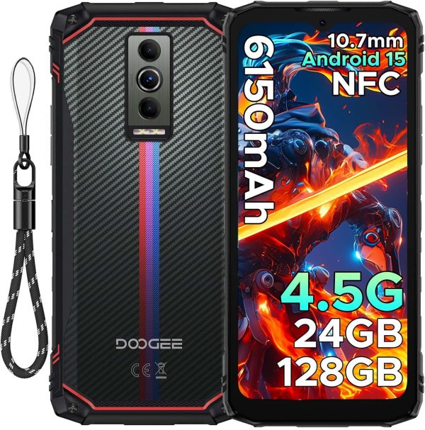 DOOGEE Blade10 Energy Android 15 Rugged Phone 4.5G,10.7mm Ultra-Thin,24GB+128GB/TF 2TB Octa Core Rugged Smartphone,6.56"HD+ 90Hz,16MP Camera,IP68/IP69K Waterproof Phone,6150mAh/Widevine L1/NFC/Face ID