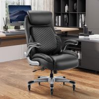 COLAMY Office Ergonomic Desk High Back Executive Chair with Pop-Out Lumbar Support, Upgraded Casters, Adjustable Headrest, Flip-Up Arms, Leather Home with Thick Cushion for Comfort - Black - Image 2