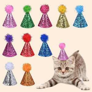 10Pcs Mini Party Hats for Stuffed Animals, Cat Birthday Hat, Adjustable Headbands Dog Birthday Hat