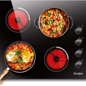 Electric Cooktop 24 Inch - 4 Burner Built-in Electric Stove Top 6000W, Radiant Electrical Stovetop with 9 Heating Level, Knob Control, Auto Shut Off Protection, 220-240V Hard Wired (No Plug)