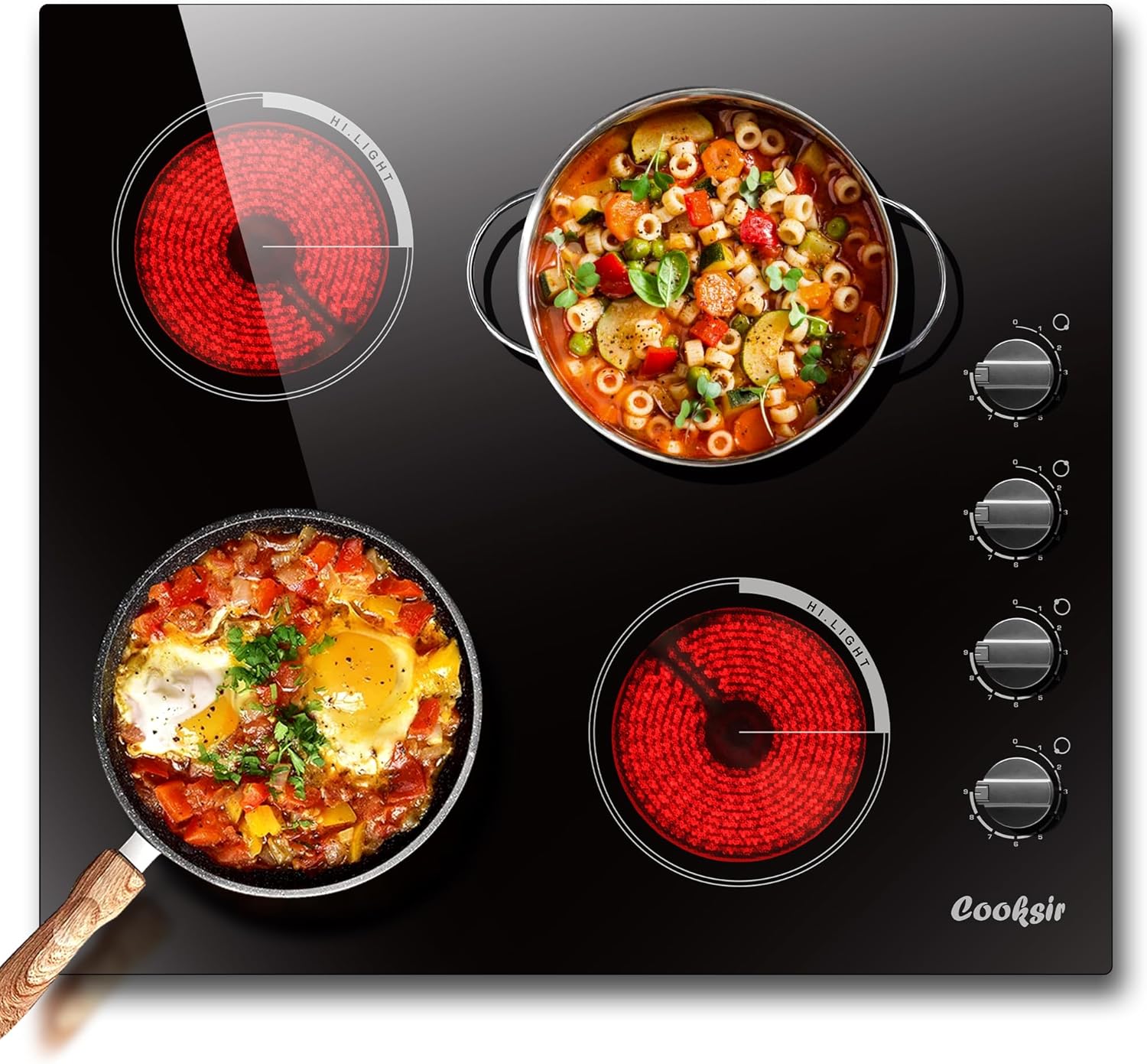 Electric Cooktop 24 Inch – 4 Burner Built-in Electric Stove Top 6000W, Radiant Electrical Stovetop with 9 Heating Level, Knob Control, Auto Shut Off Protection, 220-240V Hard Wired (No Plug)