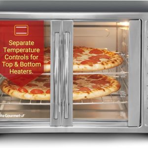 Elite Gourmet ETO-4510M French Door 47.5Qt, 18-Slice Convection Oven 4-Control Knobs, Bake Broil Toast Rotisserie Keep Warm, Includes 2 x 12" Pizza Racks, Stainless Steel