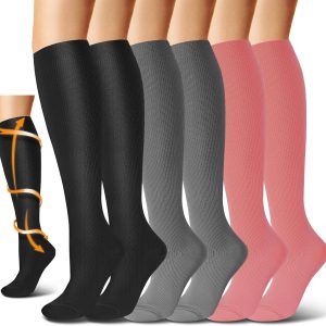 6 Pairs Compression Socks for Women and Mens Knee Extra High Sports Running Stocking Grade Ladies Support Running Travel Essentials Accessories Grey Pink