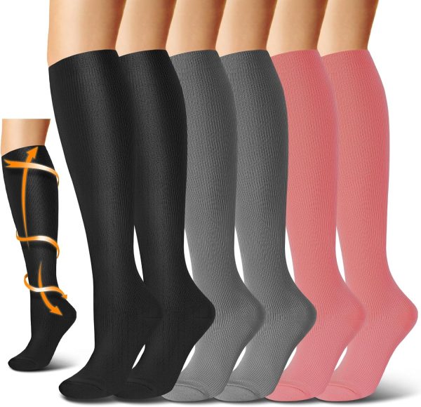 6 Pairs Compression Socks for Women and Mens Knee Extra High Sports Running Stocking Grade Ladies Support Running Travel Essentials Accessories Grey Pink