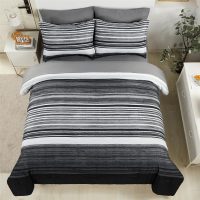 KAKIJUMN 7 Piece Bed in a Bag Stripe Comforter Set Queen Size, White Grey Black Patchwork Striped Comforter and Sheet Set, All Season Soft Microfiber Complete Bedding Sets(Grey,Queen) - Image 3