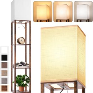 Floor Lamp with Shelves for Living Room Brown, Shelf Floor Lamp with 3 CCT LED Bulb, Corner Display Standing Column Lamp Etagere Organizer Tower Nightstand with White Linen Shade for Bedroom