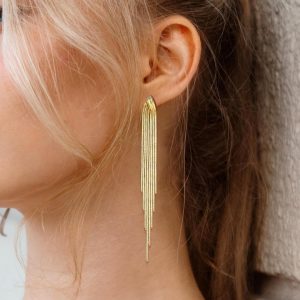 Gold Earrings for Women Stainless Steel Post Long Tassel Dangle Earrings Wedding Bridal Bridesmaid Party Earrings Chain Dangle Earrings Gold Drop Earrings