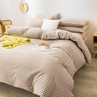 mixinni Tan Gingham Comforter Set Queen, Plaid Comforter Set 3 Pieces 1 Beige Grid Comfoter with 2 Pillow Cases for All Seasons, Soft Fluffy Modern Grid Pattern Printed Bedding-Queen Size - Image 6