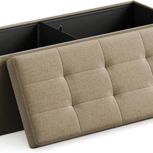 SONGMICS MAZIE Collection - 43 Inches Folding Storage Ottoman Bench, Ottoman Foot Rest, End of Bed Bench, Storage Chest, Load 660 lb, for Living Room, Bedroom, Entryway, Camel Brown ULSF077R01
