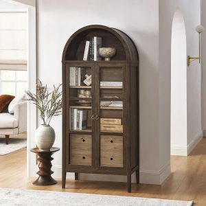 Modway Nolan Modern Farmhouse 71 Inch Tall Arched Storage Display Cabinet in Walnut Hickory Wood Grain - 4-Tier Bookcase with Glass Doors and Shelves - Arch Accent Cabinet for Living Room