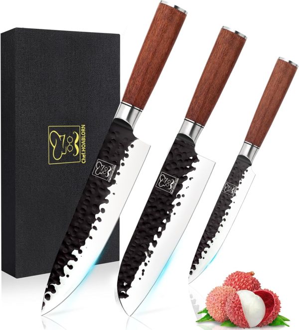 Professional Kitchen Knives High Carbon Stainless Steel Chef Set,3pcs Ultra Sharp Chef's Knife, Santoku Knife、Utility Knife