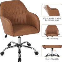 Yaheetech Modern Faux Leather Desk Chair Makeup Chair Height Adjustable Swivel Office Task Computer Armchair for Living Room Retro Brown - Image 4