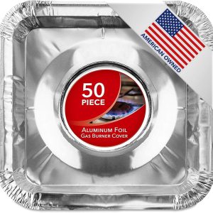 Disposable Gas Burner Liners (50 Pack) Aluminum Foil Square Gas Stove Burner Covers - 8.5 Inch Gas Range Protector, Stove Top Covers for Gas Burners, Foil Liners to Catch Oil, Grease, and Food Spills