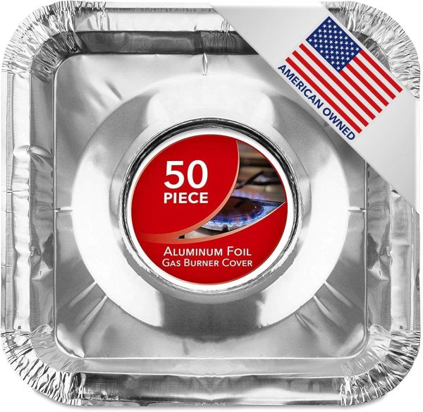 Disposable Gas Burner Liners (50 Pack) Aluminum Foil Square Gas Stove Burner Covers - 8.5 Inch Gas Range Protector, Stove Top Covers for Gas Burners, Foil Liners to Catch Oil, Grease, and Food Spills