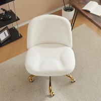 VINGLI Wide Criss Cross Legged Office Chair,Buttprint Ergonomic Desk Chair Comfy with Pillow&Gold Base,Dual-Use with/no Wheels,Adjustable Vanity Swivel Chair for Bedroom,Home Office,Teddy Fleece,White - Image 9
